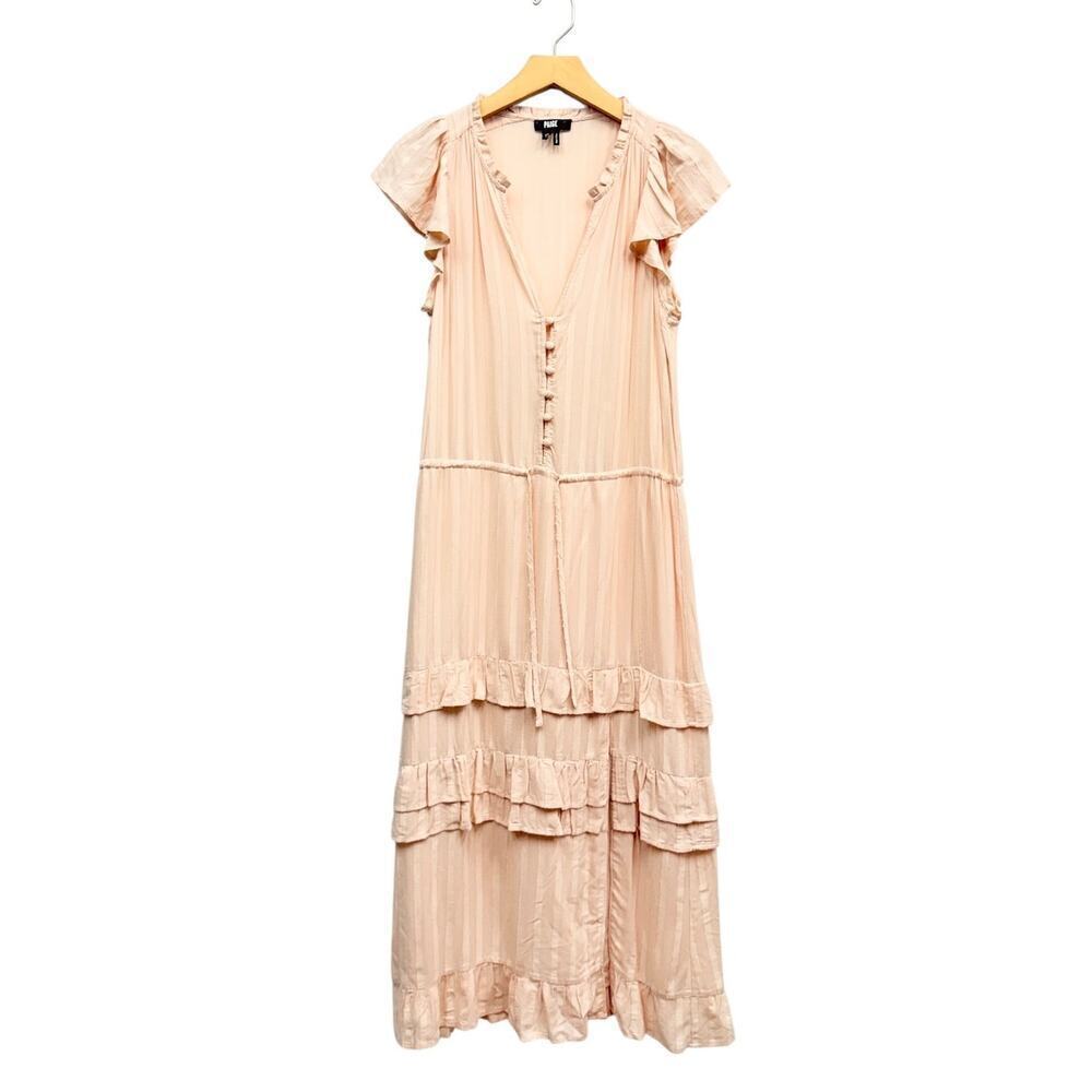 PAIGE Split Neck Illyria Ruffled Tiered Midi Dress in Cream Tan size XS - Picture 4 of 8